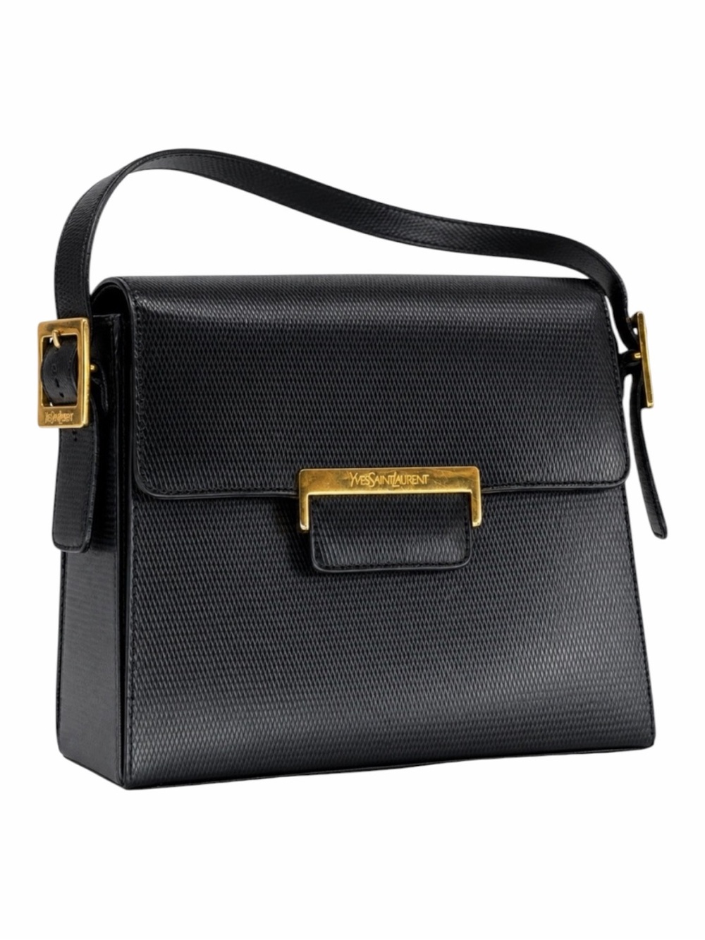 Yves Saint Laurent Vintage Shoulder Bag Black Textured Leather Luxury Retro